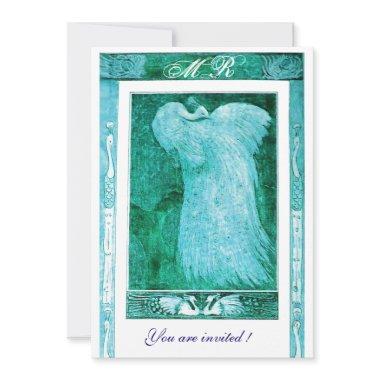 WEDDING LOVE PEACOCK MONOGRAM ,blue white Invitations