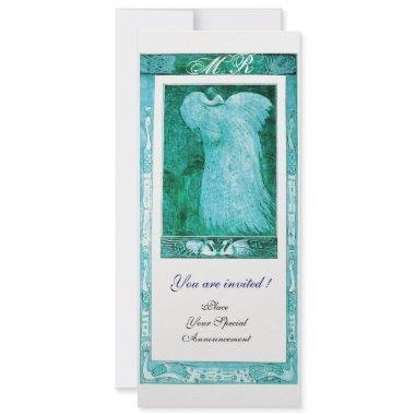 WEDDING LOVE PEACOCK MONOGRAM Blue White Pearl Invitations