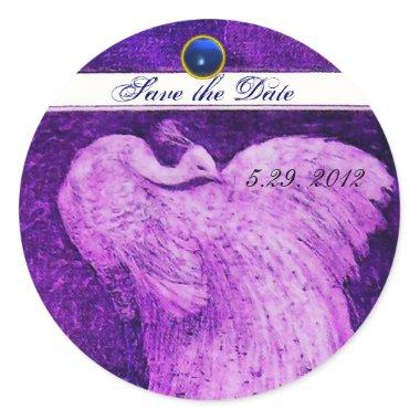 WEDDING LOVE PEACOCK Save Date Purple Blue Gem Classic Round Sticker