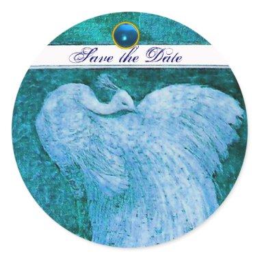 WEDDING LOVE PEACOCK white ,blue sapphire Classic Round Sticker