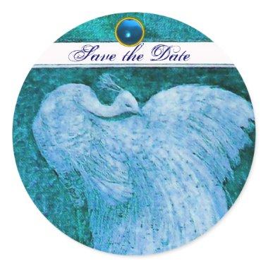 WEDDING LOVE PEACOCK white ,blue sapphire Classic Round Sticker