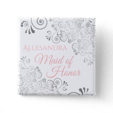 Wedding Maid of Honor Name Tag Pink & Gray Button