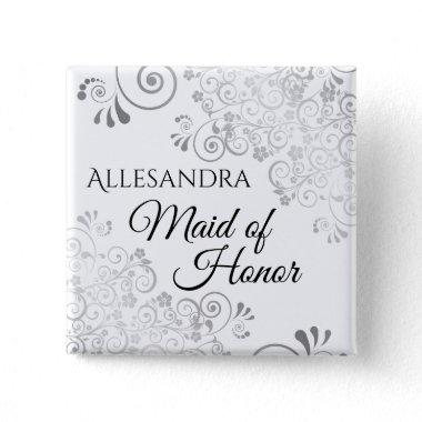 Wedding Maid of Honor Name Tag Silver Lacy Curls Button