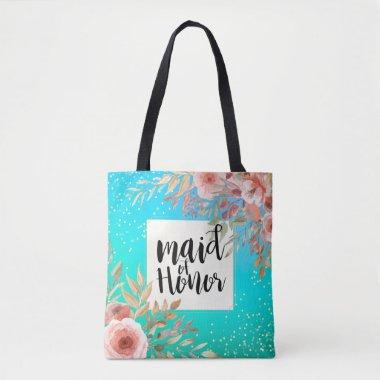 Wedding Maid of Honor Pink Floral Teal Gold Dots Tote Bag