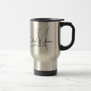 Wedding Monogram Bride Groom Names Date Newlyweds Travel Mug