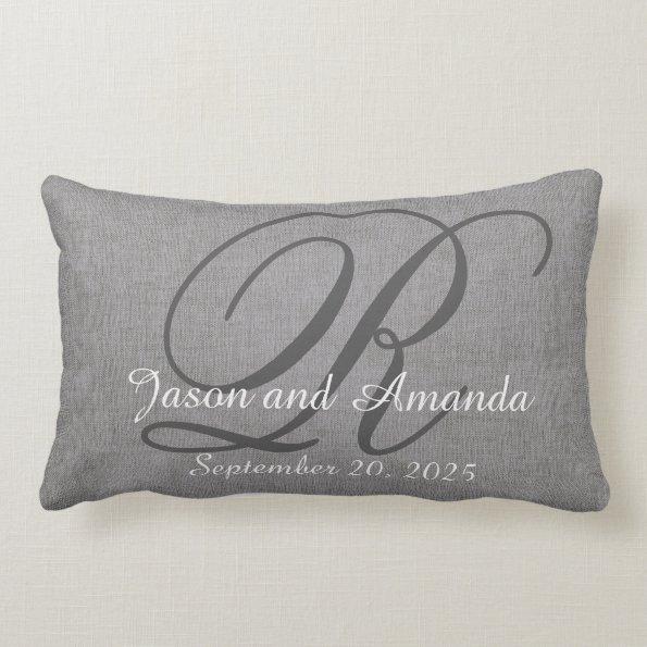 Wedding Monogram Grey Rustic Linen Look Lumbar Pillow