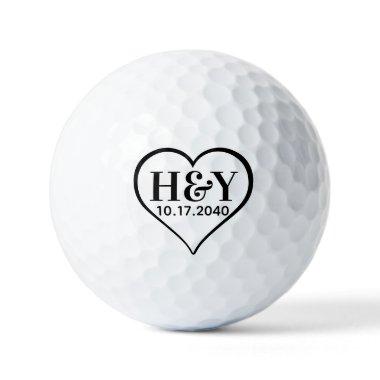 Wedding Monogram Initials Date Black White Heart Golf Balls