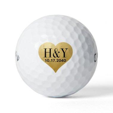 Wedding Monogram Initials Date Gold Heart Golf Balls