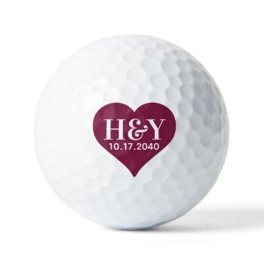 Wedding Monogram Initials Date Red Heart Golf Balls