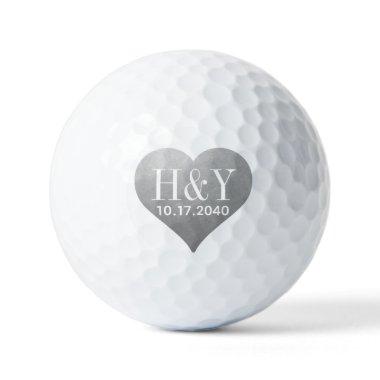 Wedding Monogram Initials Date Silver Heart Golf Balls