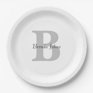 Wedding Monogram Name Baby Shower Grey Black White Paper Plates