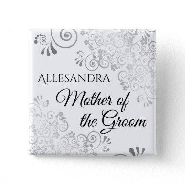 Wedding Mother of the Groom Name Tag Silver Frills Button
