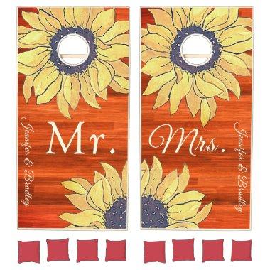 Wedding Mr Mrs Rustic Wood Burnt Orange Sunflower Cornhole Set