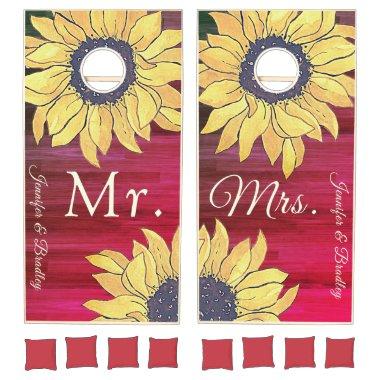 Wedding Mr Mrs Rustic Wood Cranberry Sunflower Cornhole Set