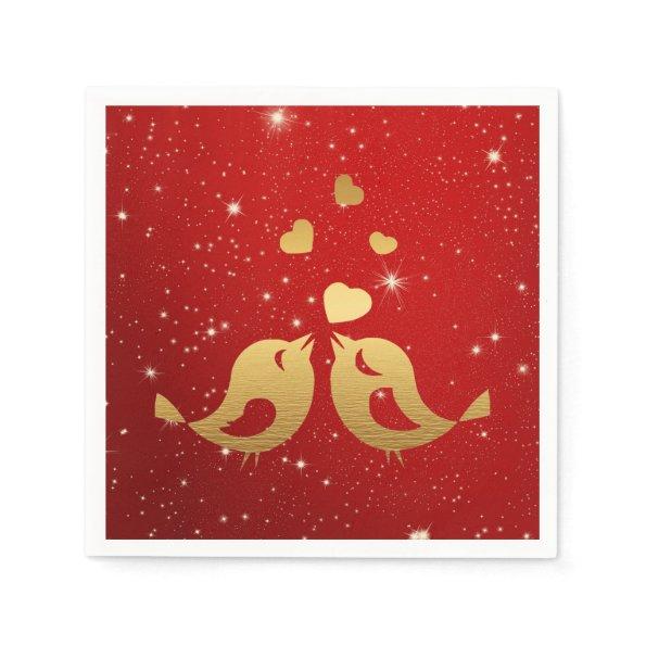 Wedding Party Golden Birds Hearts Red Shiny Rustic Napkins