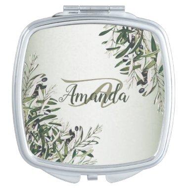 Wedding Party Green Leaves Black Olive Elegant Compact Mirror