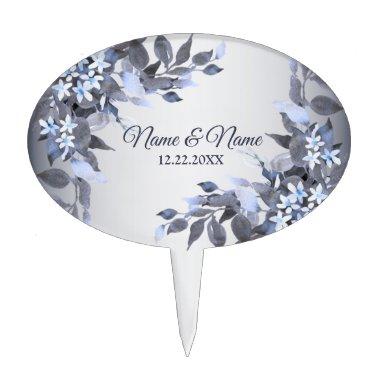 Wedding Party Navy Blue Floral Silver Gray Modern Cake Topper