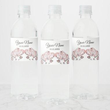 Wedding Party Pink Peach Shiny Hearts Geometric Water Bottle Label
