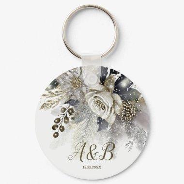 Wedding Party Silver Golden White Roses Flowers Keychain