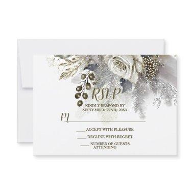 Wedding Party Silver Golden White Roses Flowers RSVP Card