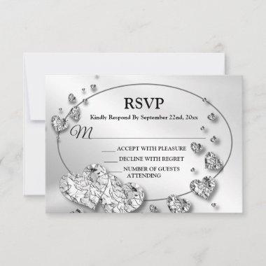 Wedding Party Silver Hearts Gray Black Elegant RSVP Card