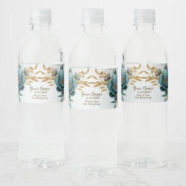 Wedding Party Turquoise White Flower Golden Leaves Water Bottle Label