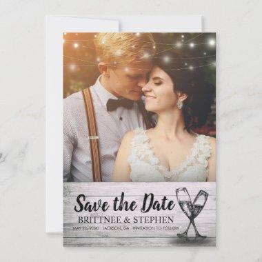 Wedding Photo Save The Date Champagne Glasses Wood