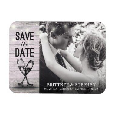 Wedding Photo Save The Date Champagne Glasses Wood Magnet