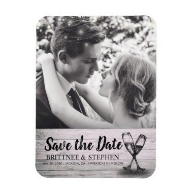 Wedding Photo Save The Date Champagne Glasses Wood Magnet