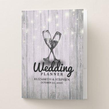 Wedding Planner Champagne Glass Wood String Lights Pocket Folder