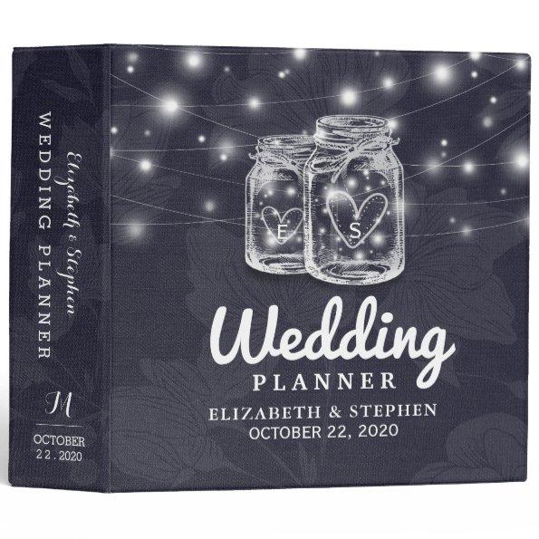 Wedding Planner Mason Jars String Lights Navy Blue 3 Ring Binder