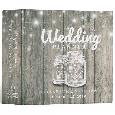 Wedding Planner Rustic Wood Mason Jar String Light 3 Ring Binder