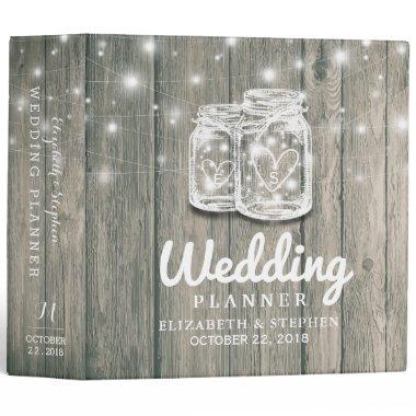 Wedding Planner Rustic Wood Mason Jar String Light 3 Ring Binder