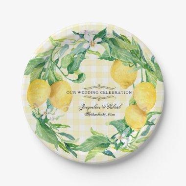Wedding Reception Gingham Lemon Floral Leaf Wreath Paper Plates