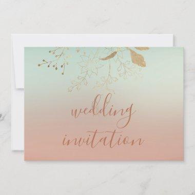 Wedding Rose Blue Gold Ombre Pastel Invitations