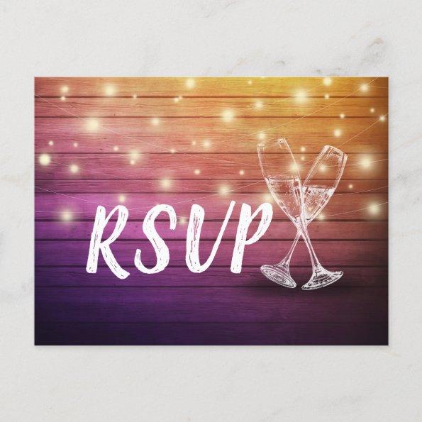Wedding RSVP Champagne Glasses Wood String Lights Invitation PostInvitations