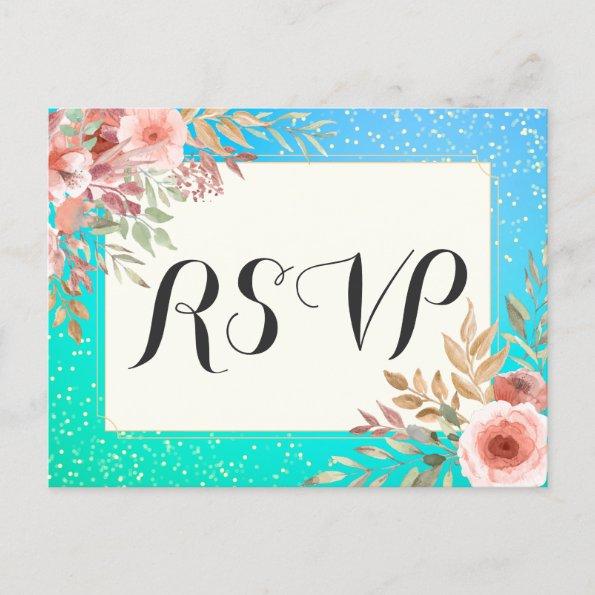Wedding RSVP Reply Pink Floral Teal Gold Confetti Invitation PostInvitations