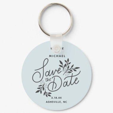 Wedding Save the Date Calligraphy Botanical Blue Keychain