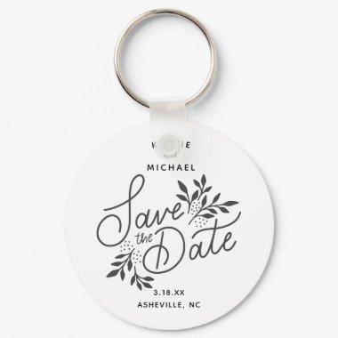 Wedding Save the Date Calligraphy Botanical White Keychain
