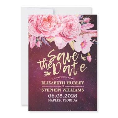Wedding Save The Date Floral Feathers Burgundy Red