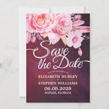 Wedding Save The Date Floral Feathers Burgundy Red