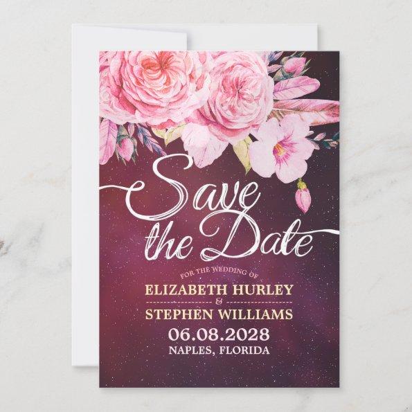 Wedding Save The Date Floral Feathers Burgundy Red