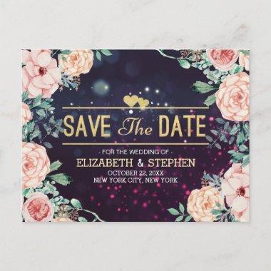 Wedding Save The Date Floral Purple Gold Script Announcement PostInvitations