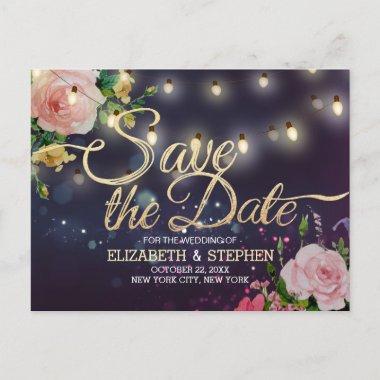 Wedding Save The Date Floral Purple String Lights Announcement PostInvitations