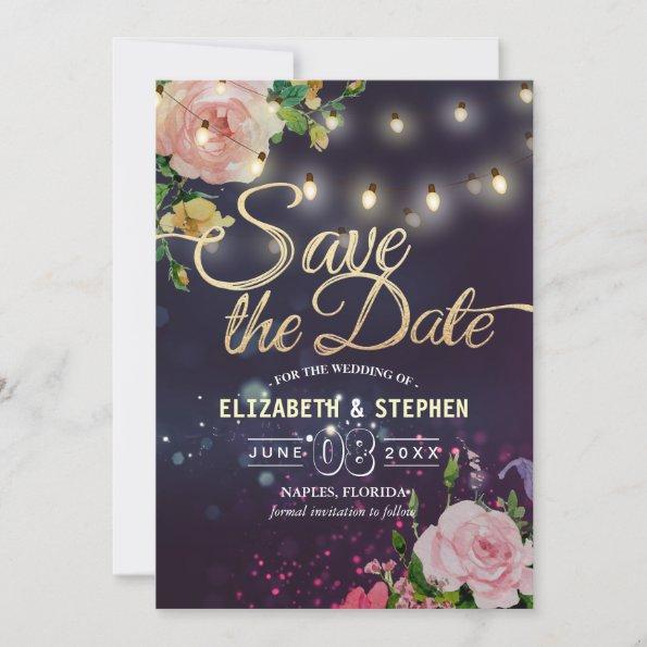 Wedding Save The Date Floral String Lights Purple