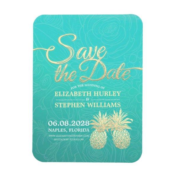 Wedding Save The Date Golden Pineapples Teal Roses Magnet