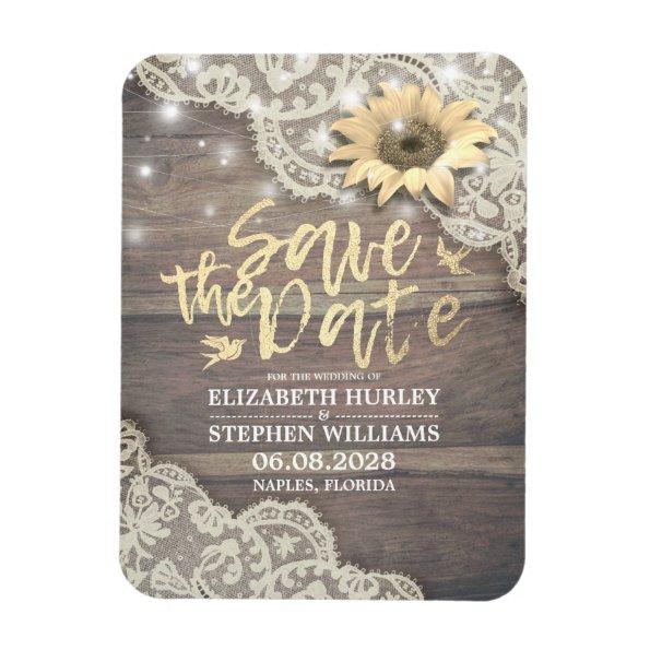 Wedding Save The Date Lace Sunflower Wood Lights Magnet