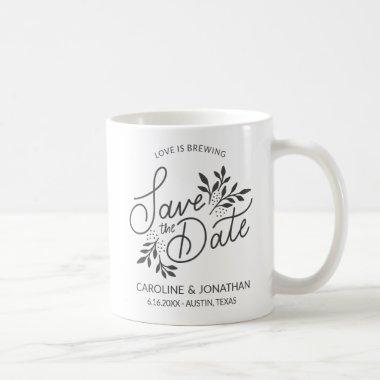 Wedding Save the Date Love is Brewing Couples Name Coffee Mug