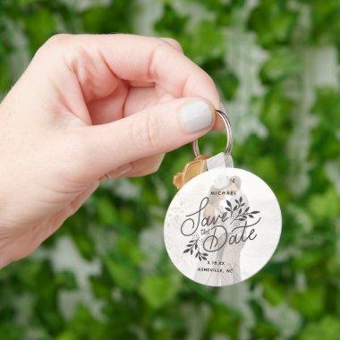 Wedding Save the Date Photo Calligraphy Botanical Keychain