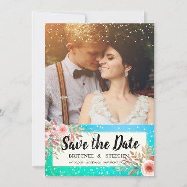 Wedding Save The Date Photo Floral Teal Gold Dots